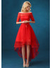 Off Shoulder Red Polka Dots Tulle High Low Evening Dress